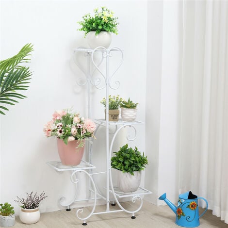 Blumentreppe Outdoor Indoor Blumenregal mit 4 Ablagen aus Metall Pflanzregal Blumenständer Pflanzentreppe, weiß 87×50×25cm