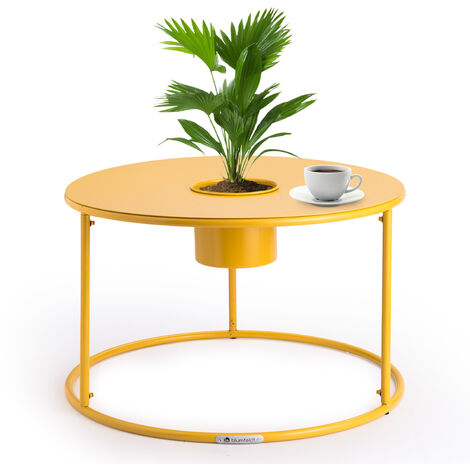 Blumfeldt Beistelltisch Gelb mit Blumentopf, Kleiner Metall-Beistelltisch Rund, Mini Beistelltisch fürs Wohnzimmer, Moderner Sofatisch, Beistelltisch Klein, Couch-Tisch mit Abnehmbarem Pflanzentopf