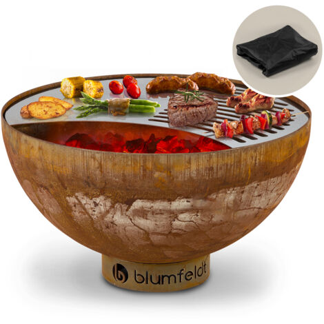 Blumfeldt – Braséro de jardin 60,5cm – Acier émaillé rouille – Foyer 2 en 1 pour charbon ou bois – Résistant aux intempéries – Plaque de cuisson incluse