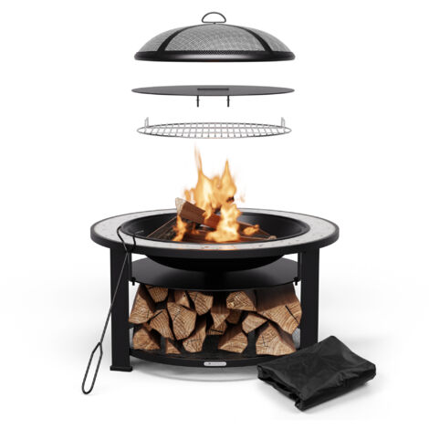 Blumfeldt – Brasero extérieur 3 en 1 – Barbecue charbon de bois avec pare-étincelles et tisonnier – Table en terrazzo et rangement thermique – 80x80x58cm