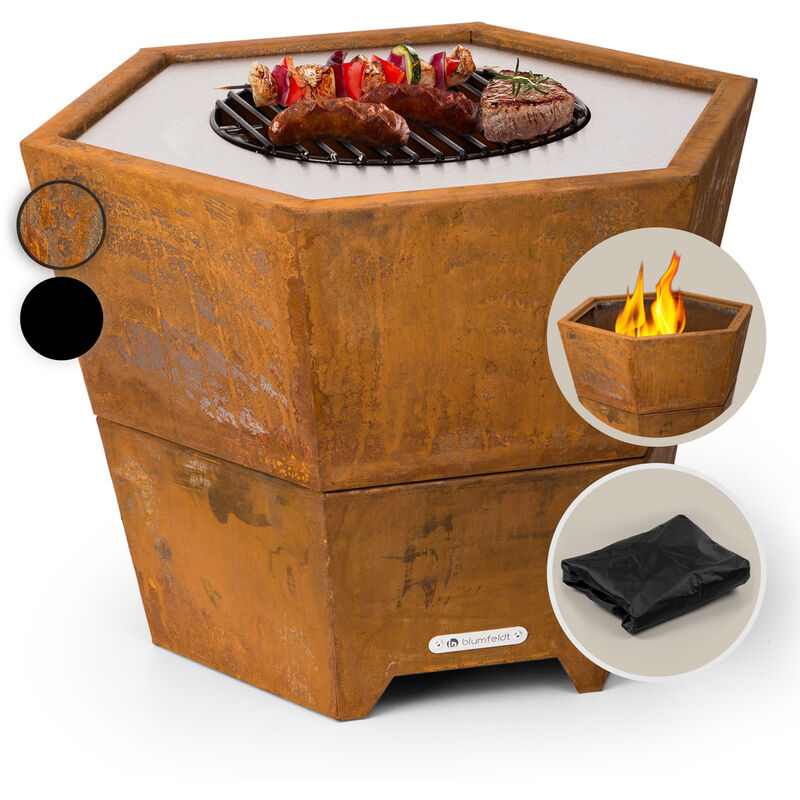Blumfeldt - Brasero Exterieur pour le Jardin, Brasero Grill Barbecue Gril, Couverture Pluie, Bol en Acier, Brasero Bbq Hexagonal avec Foyer Camping,