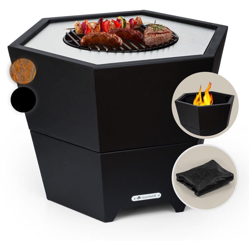 Blumfeldt - Brasero Exterieur pour le Jardin, Brasero Grill Barbecue Gril, Couverture Pluie, Bol en Acier, Brasero Bbq Hexagonal avec Foyer Camping,