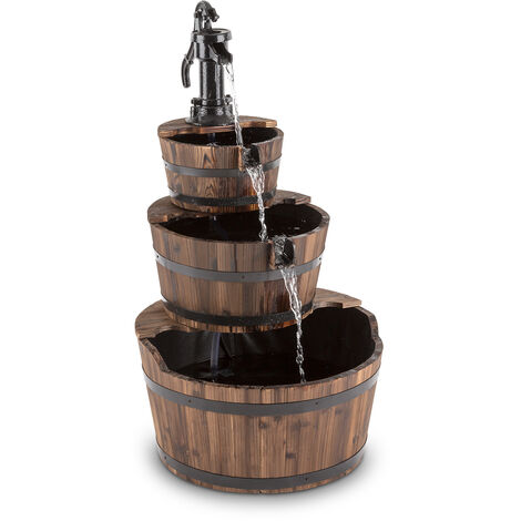 Blumfeldt Cascada 2G - Fontaine en Cascade, 3 étages, Pompe à Bras en Fonte, Bois Type tonneau, Pompe de 12W, Débit de 800l/h, Visuel Vieilli, Bâche Contre débordement, Circuit fermé - Marron - Brun - Brun