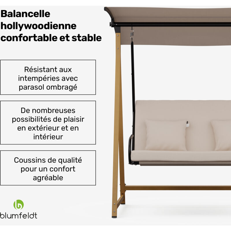 Fauteuil balançoire de jardin réglable pour 2, matelas épais, capote pour ombre et protection solaire, robuste pour 160 kg, châssis résistant a la