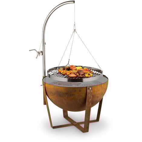 blumfeldt Fire Globe Feuerschale mit Grill, Grillring: Ø 59cm, Feuerschale: Ø 60cm, Grillrost: Ø 59cm, Maße: 60 x 120cm (ØxH), Used-Look: künstliche Rost-Optik, stufenlos höhenverstellbar, braun