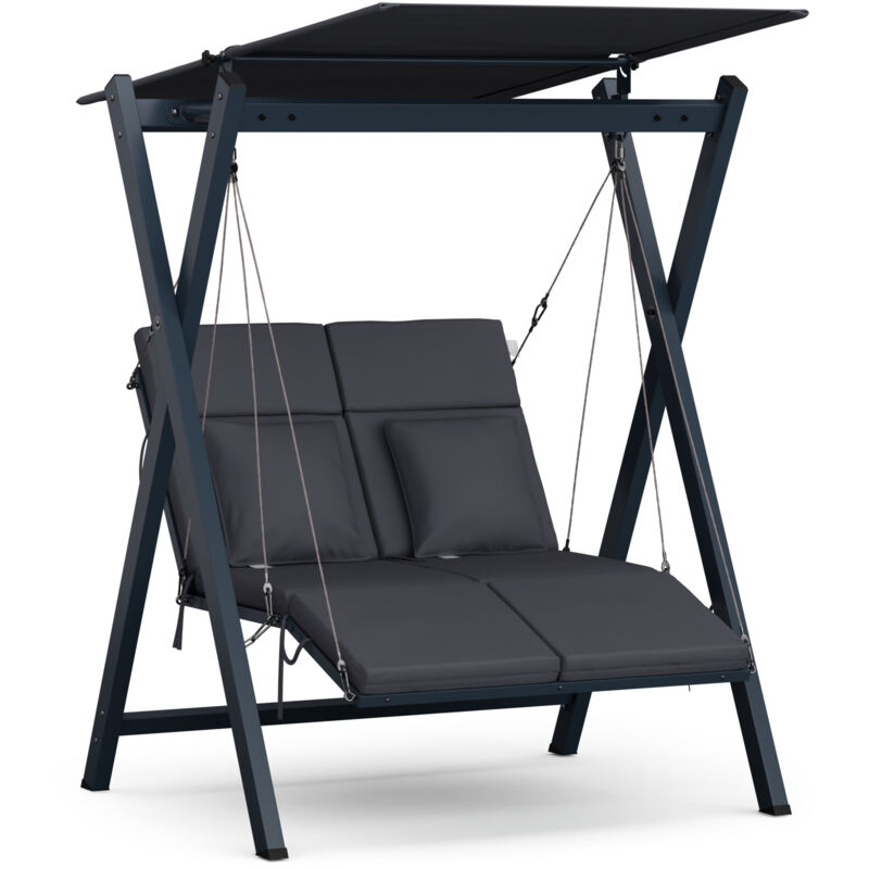 FlexiSwing Balancelle Jardin – 2 Places Extérieur avec Dossier & Pare-soleil Réglables, Cadre Acier 160kg, Coussins Épais, Résistant Intempéries