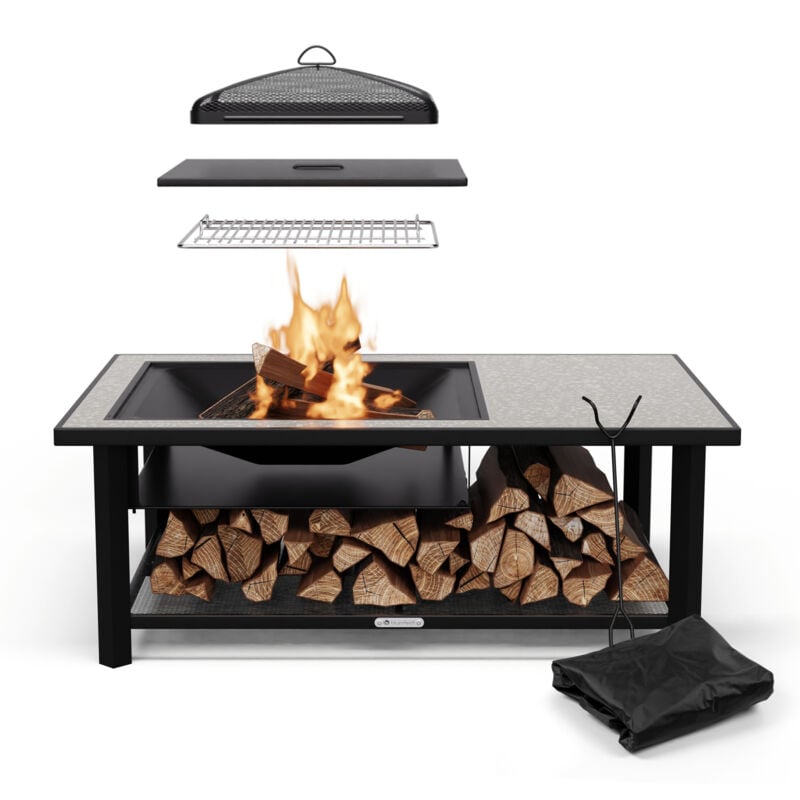 Blumfeldt - Braséro Foyer 3 en 1 exterieur jardin - salon de jardin exterieur, table, gril, rangement thermique, grille, tisonnier, pare-etincelles