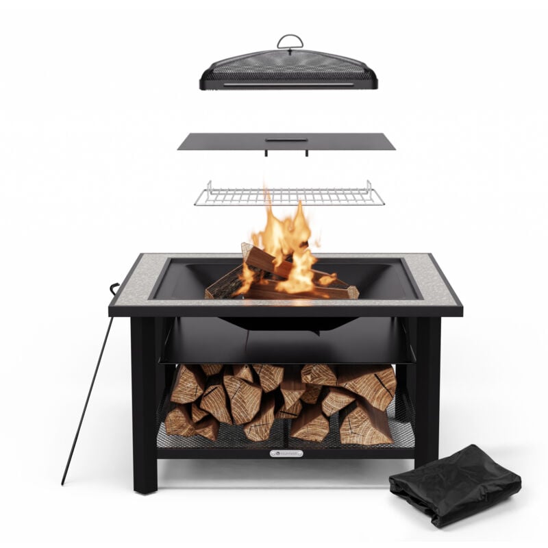 Blumfeldt - Foyer d'extérieur 3en1 (feu, table, gril) pour jardin, Brasero barbecue grille, tisonnier, pare-étincelles, housse pluie fournis,
