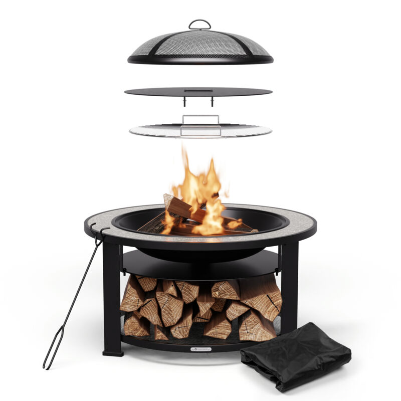 Braséro foyer extérieur 3en1 pour jardin - barbecue au charbon de bois, électrique, plancha, table, gril, grille de cuisson, tisonnier,