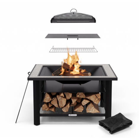 Blumfeldt Merano Avanzato Feuerschale - 3-in-1 Feuerschale Mit Grillrost & Tisch, Robuster Stahlrahmen, Terrazzo-Tischplatte, Inkl. Funkenschutz, Hitzeschild & Schürhaken, Für Garten & Terrasse