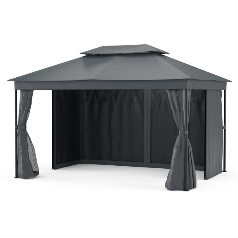Mondo Dual Tonnelle 3x4 - Double Toit & Moustiquaires, Armature Métallique Résistante, Rideaux Inclus, Tonnelle de Jardin, Facile à Assembler, Gris Foncé - Blumfeldt