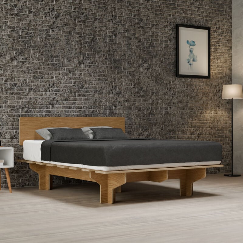 Blumfeldt - NordicAura Cadre de Lit 160x200 - Bois d'Eucalyptus fsc, Assemblage Sans Outils, Tête de Lit Haute avec Rangement, Finition Chêne,