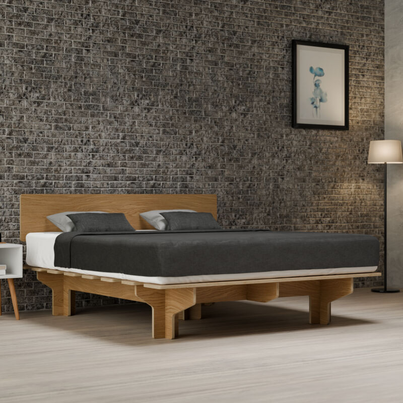 Blumfeldt - NordicAura Cadre de Lit 180x200 - Cadre en Bois Certifié fsc, Assemblage Sans Outil, Finition Chêne, Tête de Lit Haute avec Rangement,