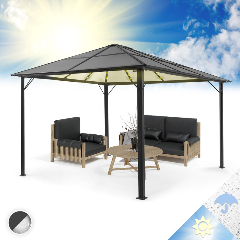 Pantheon Solid Sky Ambient Tonnelle de Jardin Waterproof en Aluminium 3x4m avec Toit Rigide en Polycarbonate Translucide Gris, Barnum Résistant,