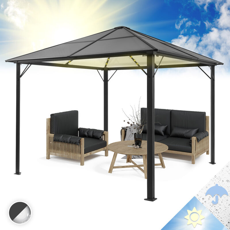 Pantheon Solid Sky Ambient Tonnelle de Jardin Waterproof en Aluminium 3x3m avec Toit Rigide en Polycarbonate Translucide Gris, Barnum Résistant,