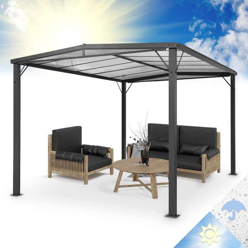 Pavillon d&#039;extension auvent de pergola Pantheon Solid Sky Flat, Protection Contre Pluie et Soleil, Cadre Aluminium thermolaqué, Toit Polycarbonate