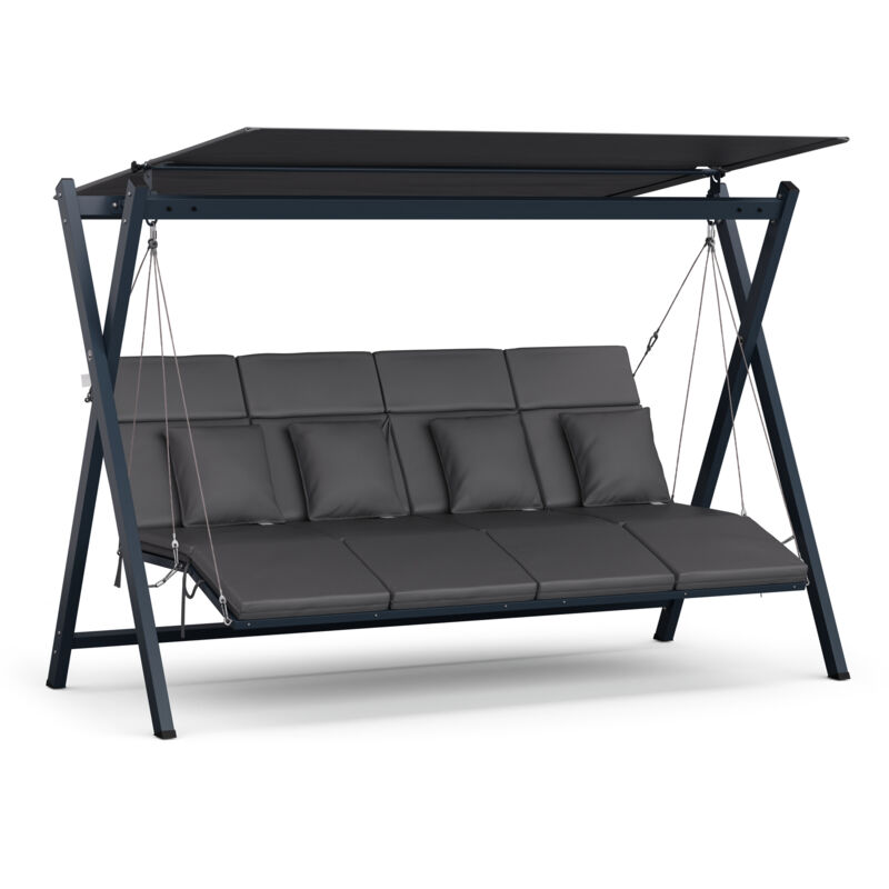 Salon de jardin avec parasol, balancelle reglable pour 4 pers, assises confortables matelassees, supportant jusqu'a 320 kg, chassis robuste resistant