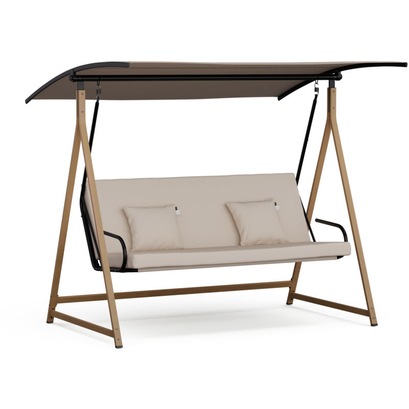 Salon de jardin, balancelle avec positions ajustables et matelas epais, durable pour 3 personnes (240 kg), chassis haut de gamme et parasol de jardin