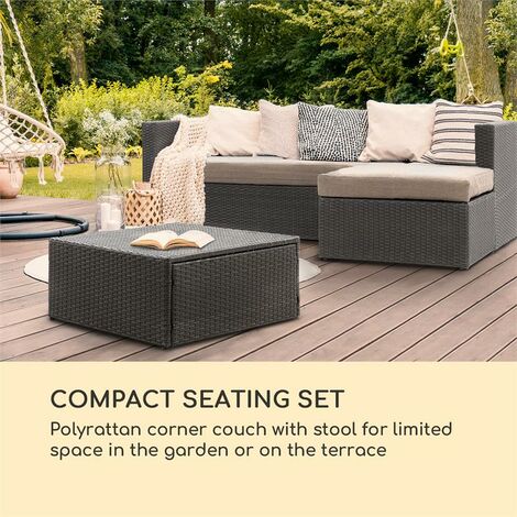 Blumfeldt – Salon de jardin d'angle 2 pièces – Canapé d'angle et pouf – Rembourrage 10 cm – Résistant aux intempéries – Noir