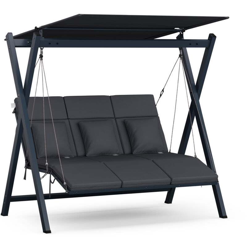 Salon de jardin exterieur - balancelle confortable ajustable, toit parasol de jardin pour ombre optimale, assise trois personnes, robuste, 240 kg max