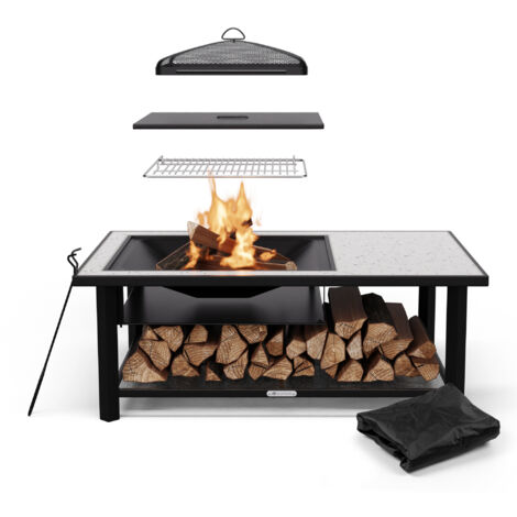 Blumfeldt Salon de jardin exterieur - foyer 3 en 1, gril et table avec grille, tisonnier, pare-etincelles, housse de pluie et rangement incorpore sous le bouclier thermique