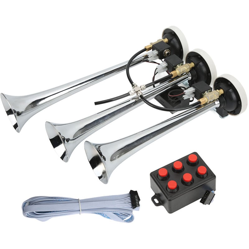 Tonysa - Klaxon à air 3 trompettes 6 airs chromé 305/342/385x79mm DC12V/24V pour Club Cars Trucks Yachts