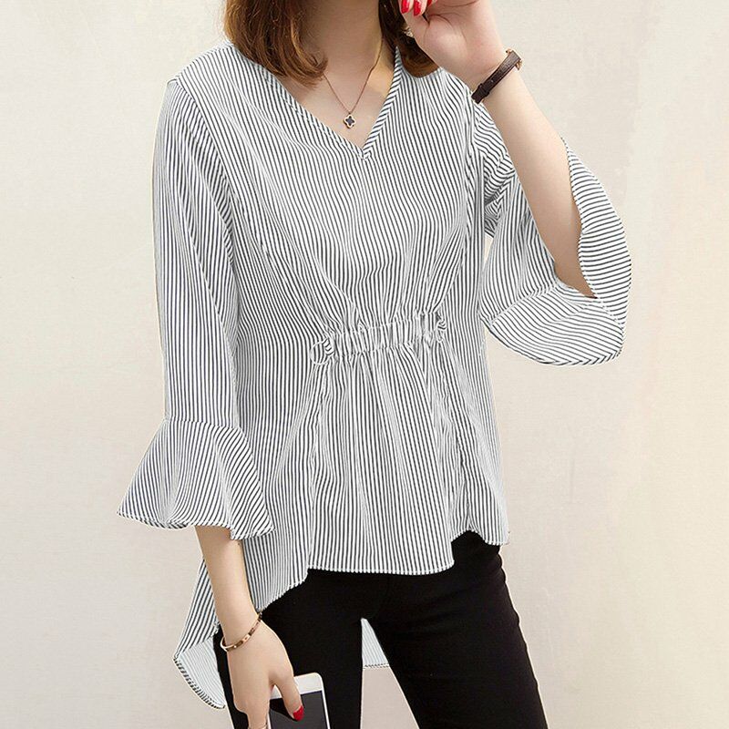 

Blusa a rayas para mujer, mangas acampanadas, cuello en V, dobladillo alto-bajo, cintura elastica, elegante, camisa larga, sueter superior,Gris, L