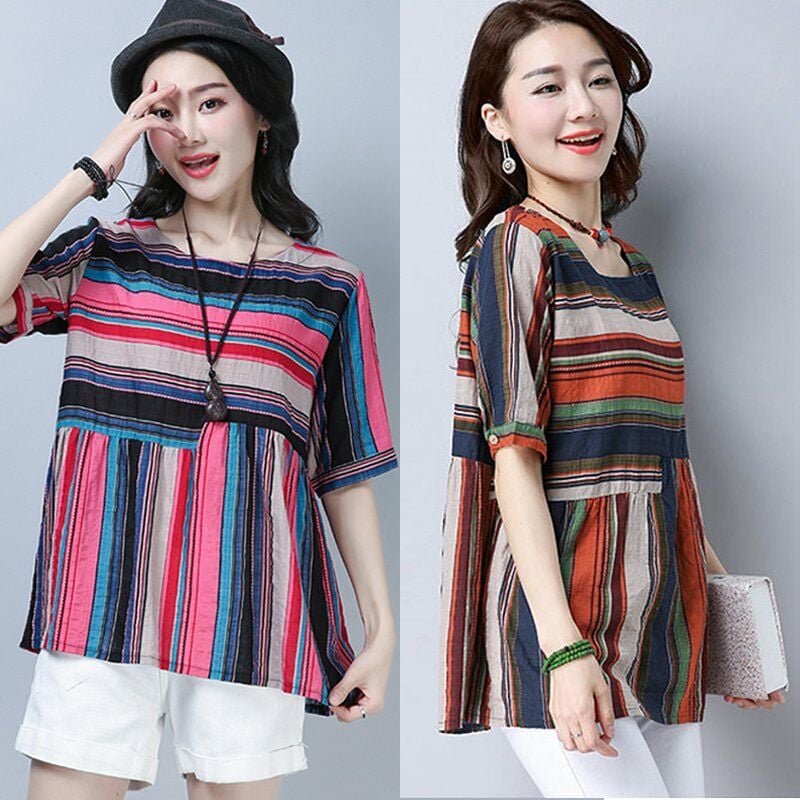

Blusa de algodon para mujer, rayas de colores, cuello redondo, media manga, camiseta holgada informal de verano, tops naranja / rosa,Rosa, XL