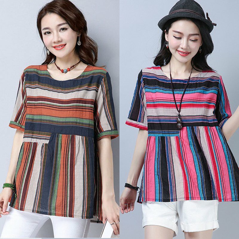 

Blusa de algodon para mujer, rayas de colores, cuello redondo, media manga, camiseta holgada informal de verano, tops naranja / rosa,Naranja, XL