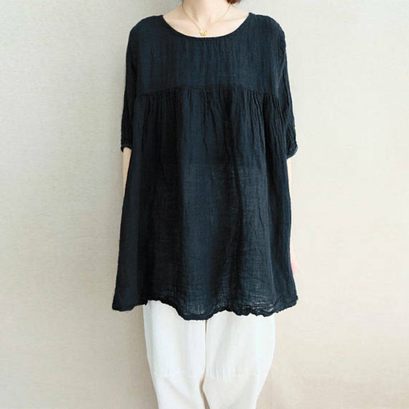

Blusa de algodon suelta informal para mujer, cuello redondo, media manga, camiseta vintage con pliegues solidos, camisetas azul oscuro / naranja /