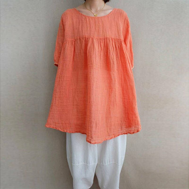 

Blusa de algodon suelta informal para mujer, cuello redondo, media manga, camiseta vintage con pliegues solidos, camisetas azul oscuro / naranja /