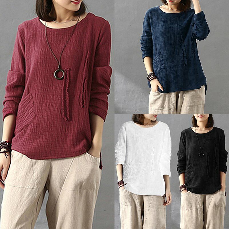 

Blusa de algodon Vintage para mujer, cuello redondo, manga larga, solido, informal, suelto, bohemio, camiseta, Tops,Azul oscuro, L