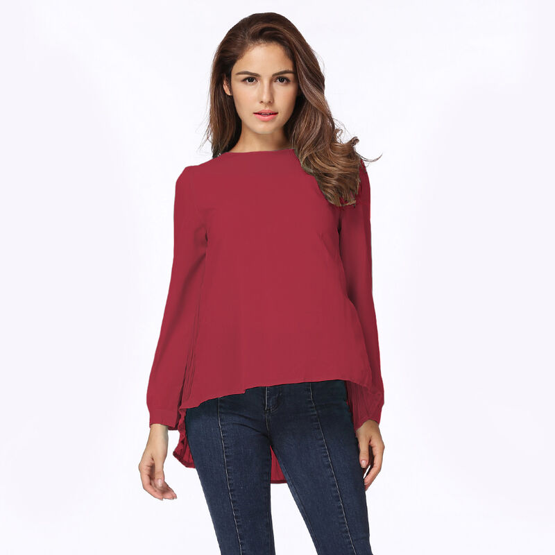 

Blusa de gasa para mujer, plisado, cuello redondo, manga larga, asimetrico, suelto, informal, solido, camisa de talla grande,Rojo, XL