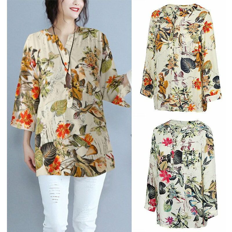 

Blusa de mujer con estampado de hojas florales coloridas Botones con cuello en V Manga tres cuartos Tops casuales sueltos, Rosa, M