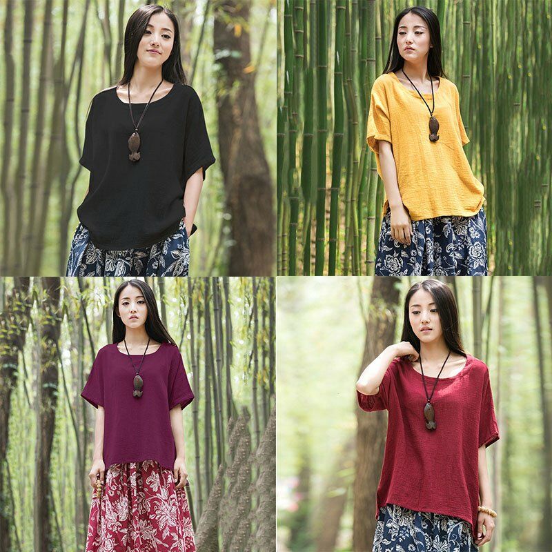 

Blusa de mujer etnica Algodon Bajo alto Dobladillo asimetrico Divisiones Cuello redondo Camiseta suelta solida,Amarillo, XL