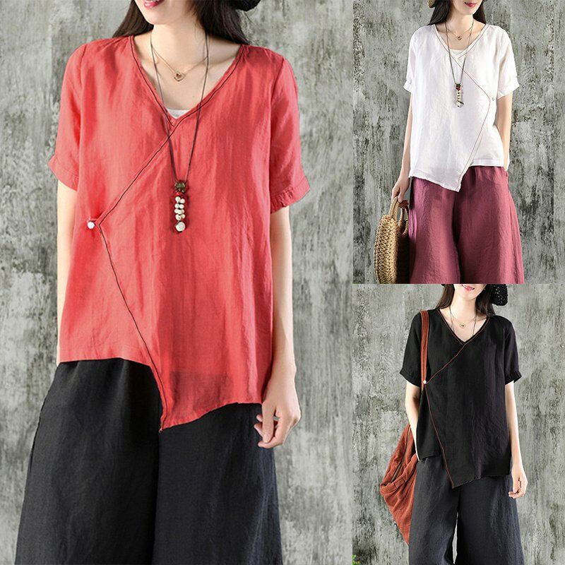 

Blusa de mujer vintage Algodon Escote en V Crossover Dobladillo irregular Loose Vacation Holiday Wear,Negro, XXL