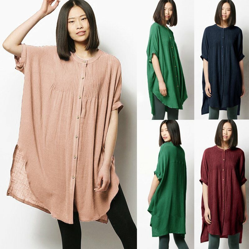 

Blusa de mujer vintage Botones plisados ​​de color solido Bajo alto Dobladillo irregular dividido Media manga Tops largos sueltos, Borgona, M