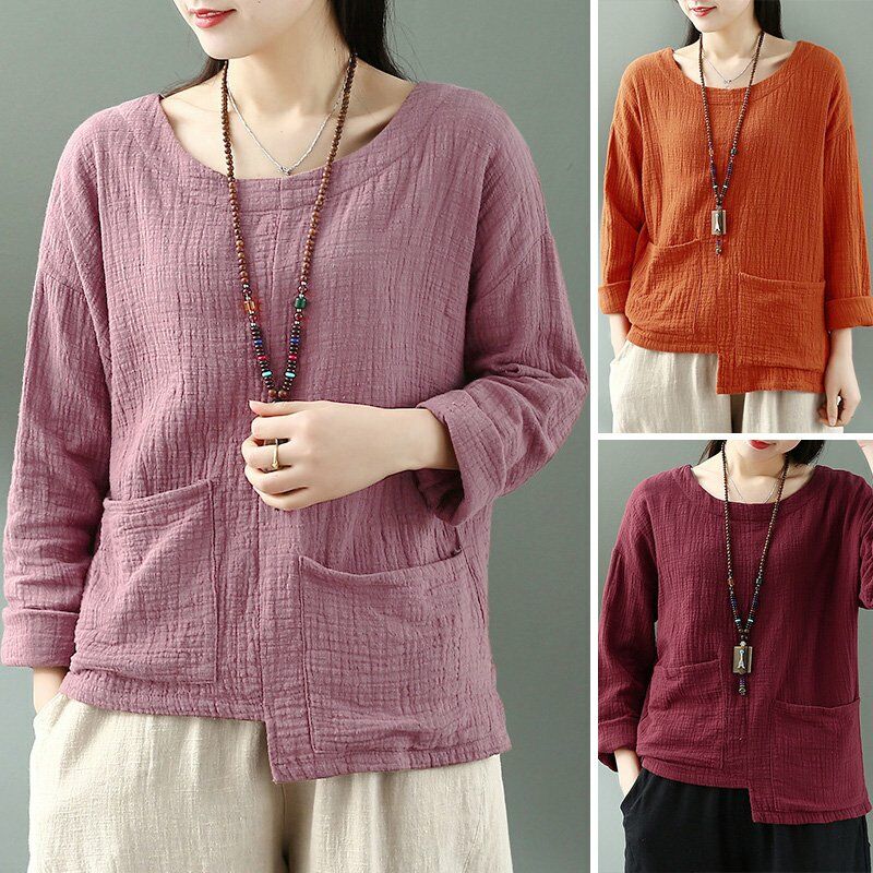 

Blusa de mujer vintage Color solido Bajo alto asimetrico Dobladillo bolsillos Manga larga Tops sueltos,Borgona, XL