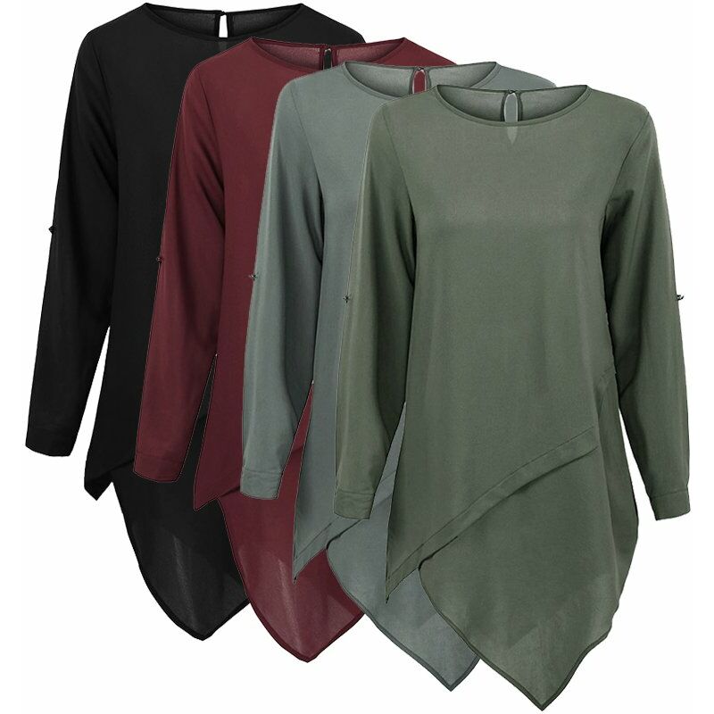 

Blusa de talla grande para mujer Color solido Inmersion irregular Dobladillo enrollado Botones de manga larga Casual Tops sueltos