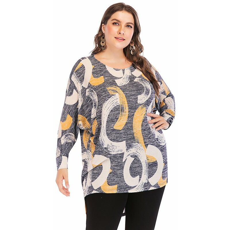 

Blusa de talla grande para mujer, estampado geometrico, murcielago, mangas largas, dobladillo irregular, cuello redondo, jersey informal suelto,