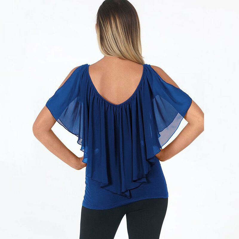 

Blusa sexy para mujer, cuello en V, hombros frios, volantes, sin mangas, camiseta solida, chaleco, tanque, camisetas casuales de verano,Azul, XL