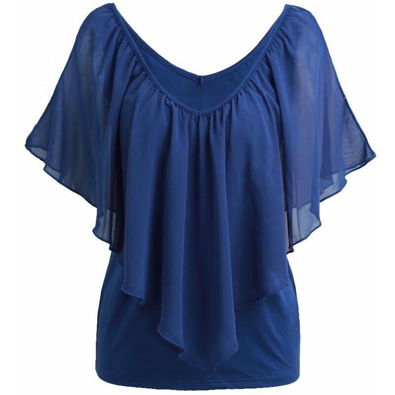 

Blusa sexy para mujer, cuello en V, hombros frios, volantes, sin mangas, camiseta solida, chaleco, tanque, camisetas casuales de verano,Azul, XXXXL