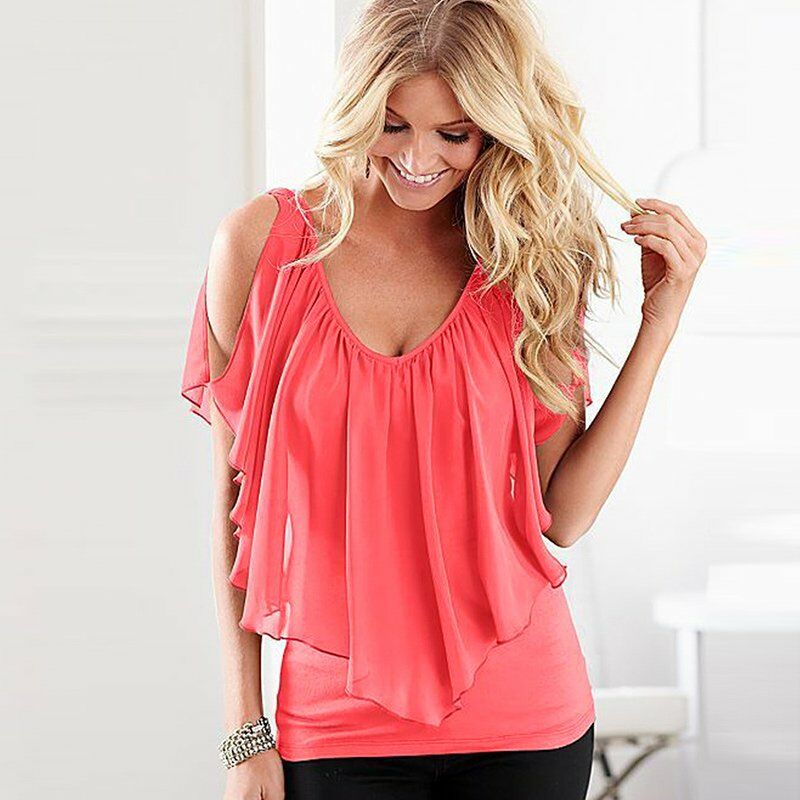 

Blusa sexy para mujer, cuello en V, hombros frios, volantes, sin mangas, camiseta solida, chaleco, tanque, camisetas casuales de verano,Rosa, XXXL