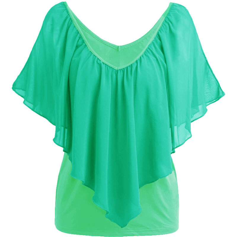 

Blusa sexy para mujer, cuello en V, hombros frios, volantes, sin mangas, camiseta solida, chaleco, tanque, camisetas casuales de verano,Verde, XL