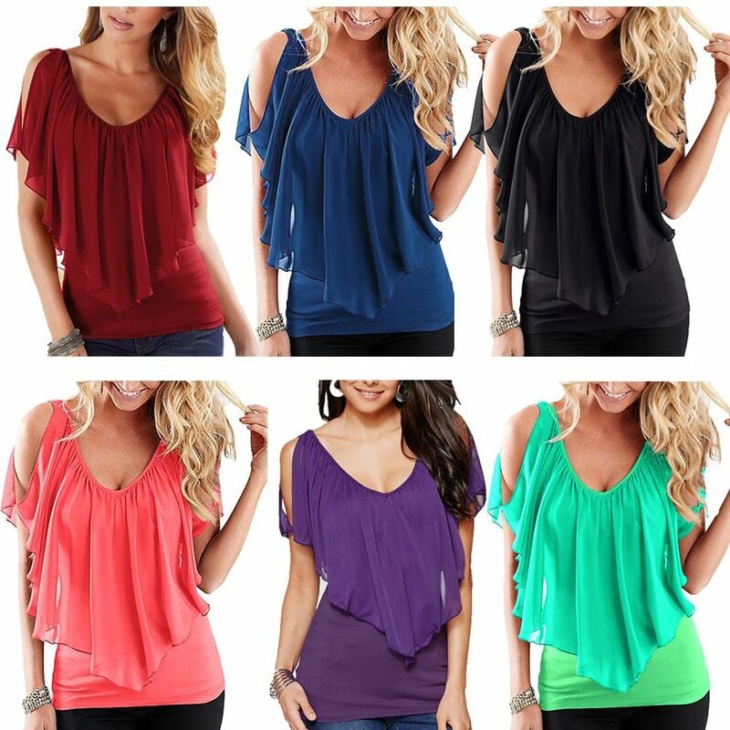 

Blusa sexy para mujer, cuello en V, hombros frios, volantes, sin mangas, camiseta solida, chaleco, tanque, camisetas casuales de verano,Rosa, XXL