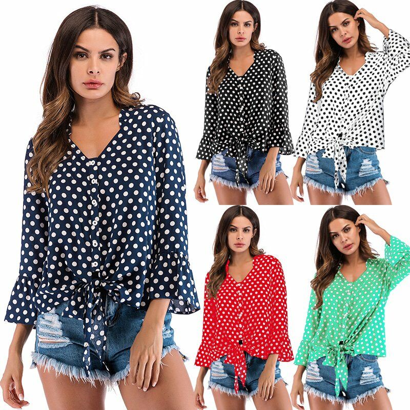

Blusa sexy para mujer, lunares, cuello en V profundo, acampanado, manga larga, vendaje, estilo corto, top corto informal,Negro, XXXXL