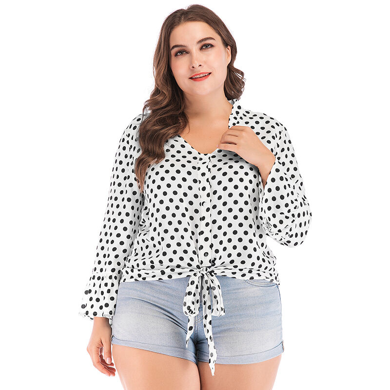 

Blusa sexy para mujer, lunares, cuello en V profundo, acampanado, manga larga, vendaje, estilo corto, top corto informal,Blanco,S