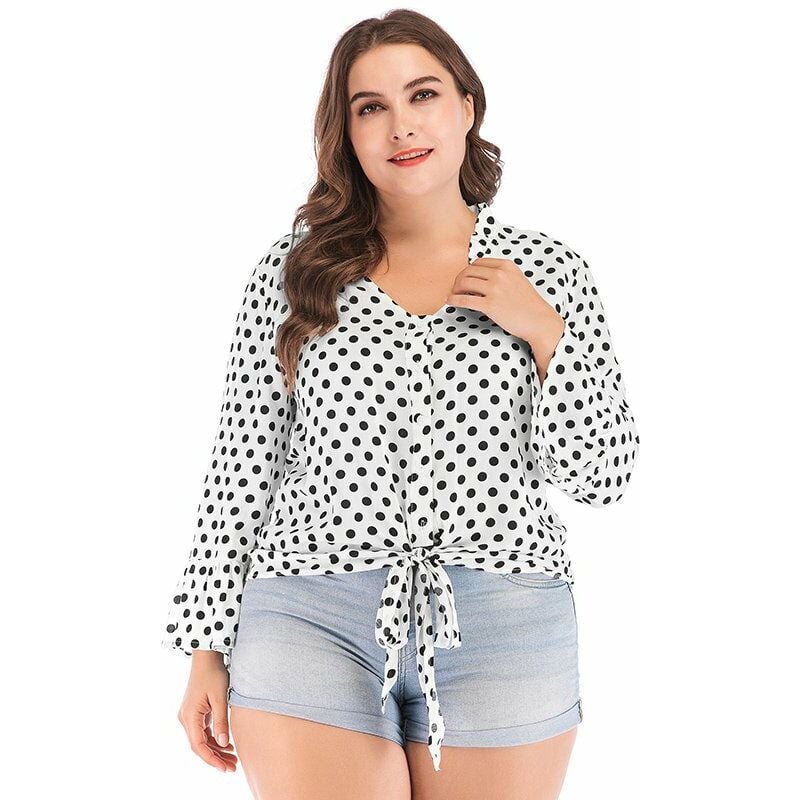 

Blusa sexy para mujer, lunares, cuello en V profundo, acampanado, manga larga, vendaje, estilo corto, top corto informal,Blanco, XL
