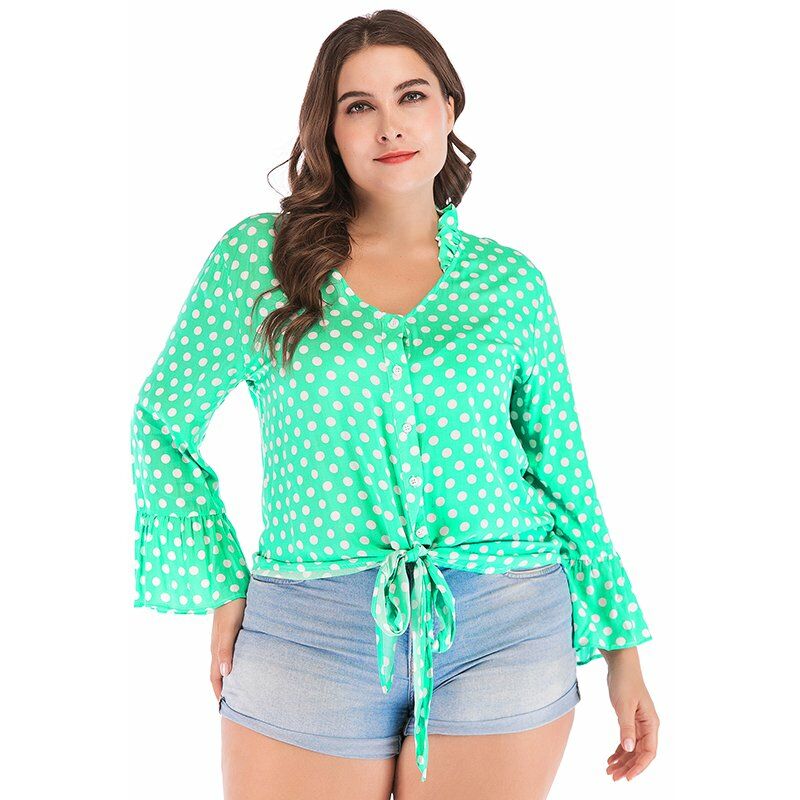 

Blusa sexy para mujer, lunares, cuello en V profundo, acampanado, manga larga, vendaje, estilo corto, top corto informal,Verde, XXL