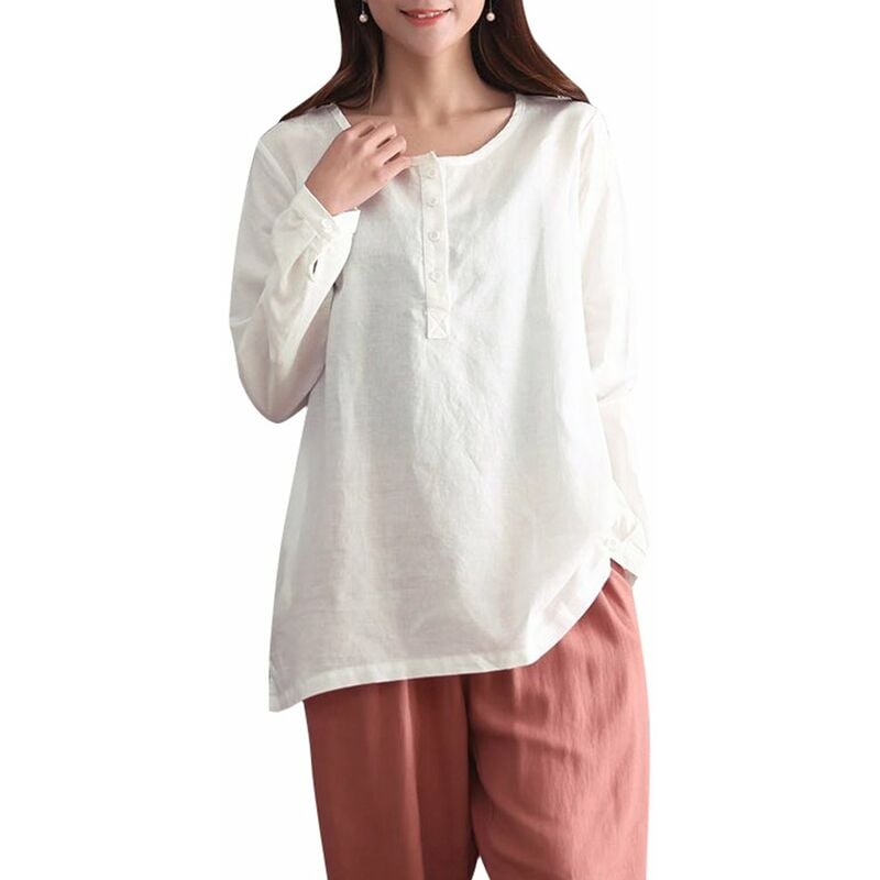 

Blusa suelta para mujer, manga larga solida, cuello redondo, dobladillo alto y bajo, camisa de gran tamano con botones, tops casuales,Blanco, XXXXXL